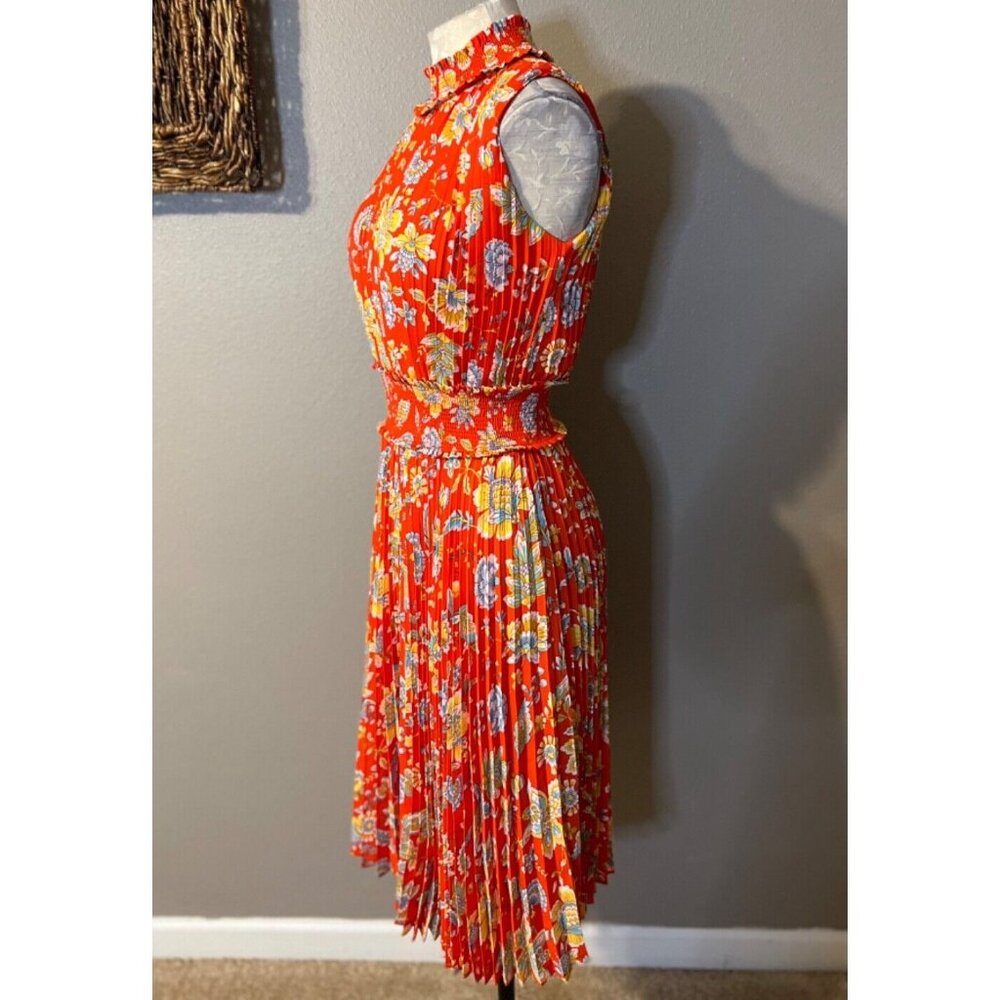 Nanette Lepore Dress 4 Pleat Mock Neck Smocked Red Orange Yellow Floral Washable - Picture 6 of 9
